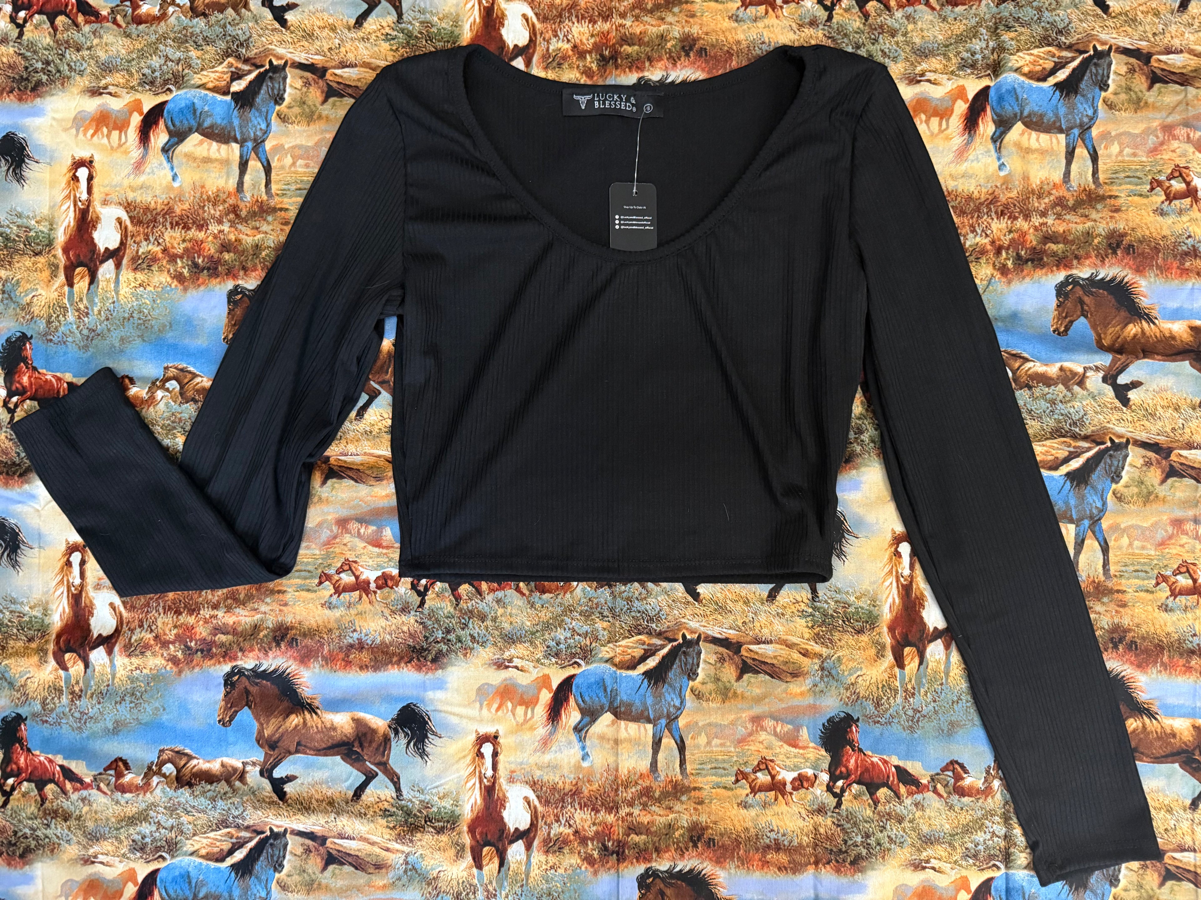 Black Ribbed Cropped Long-sleeve