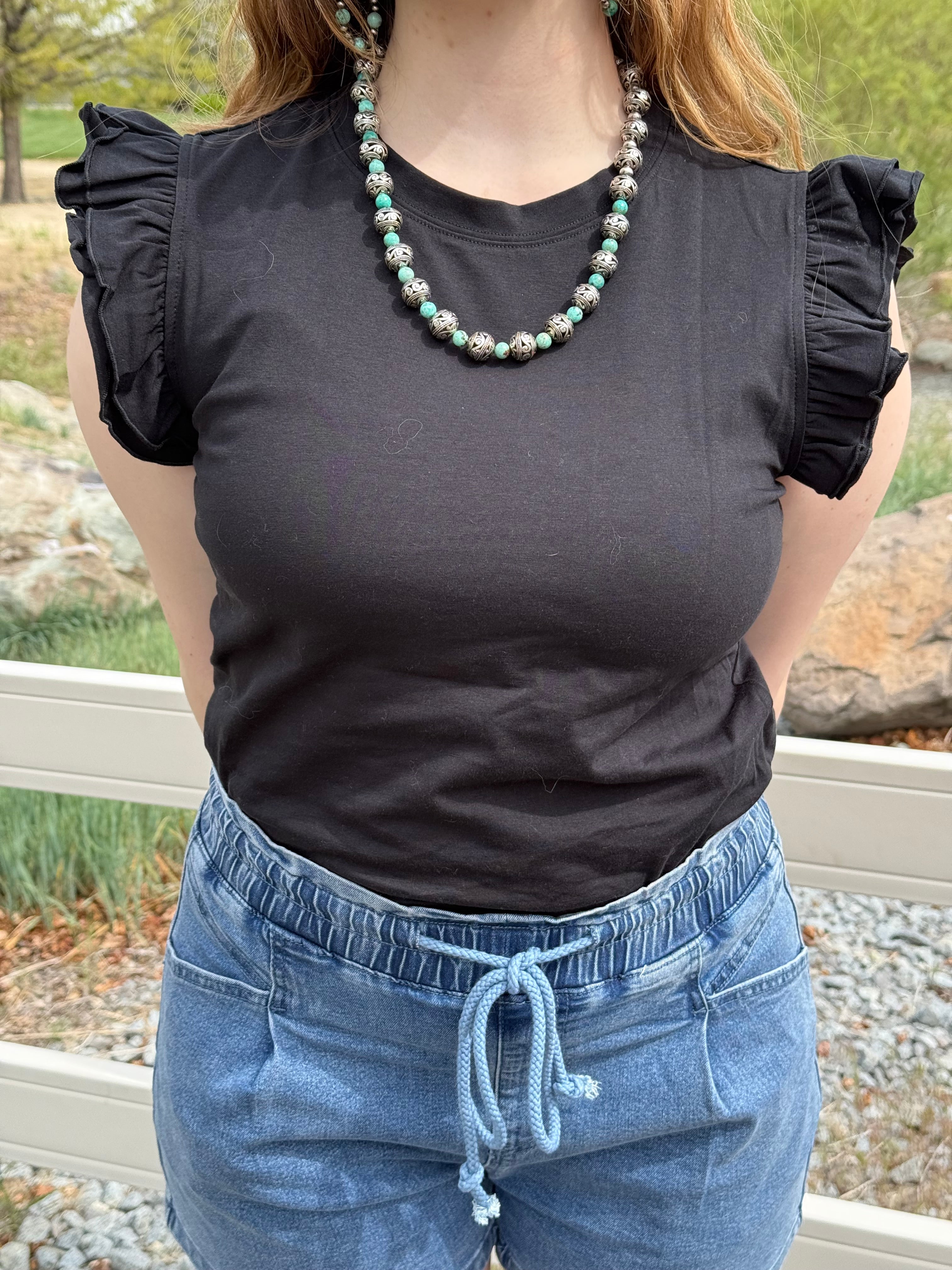 Black Ruffle Sleeve Short-sleeve